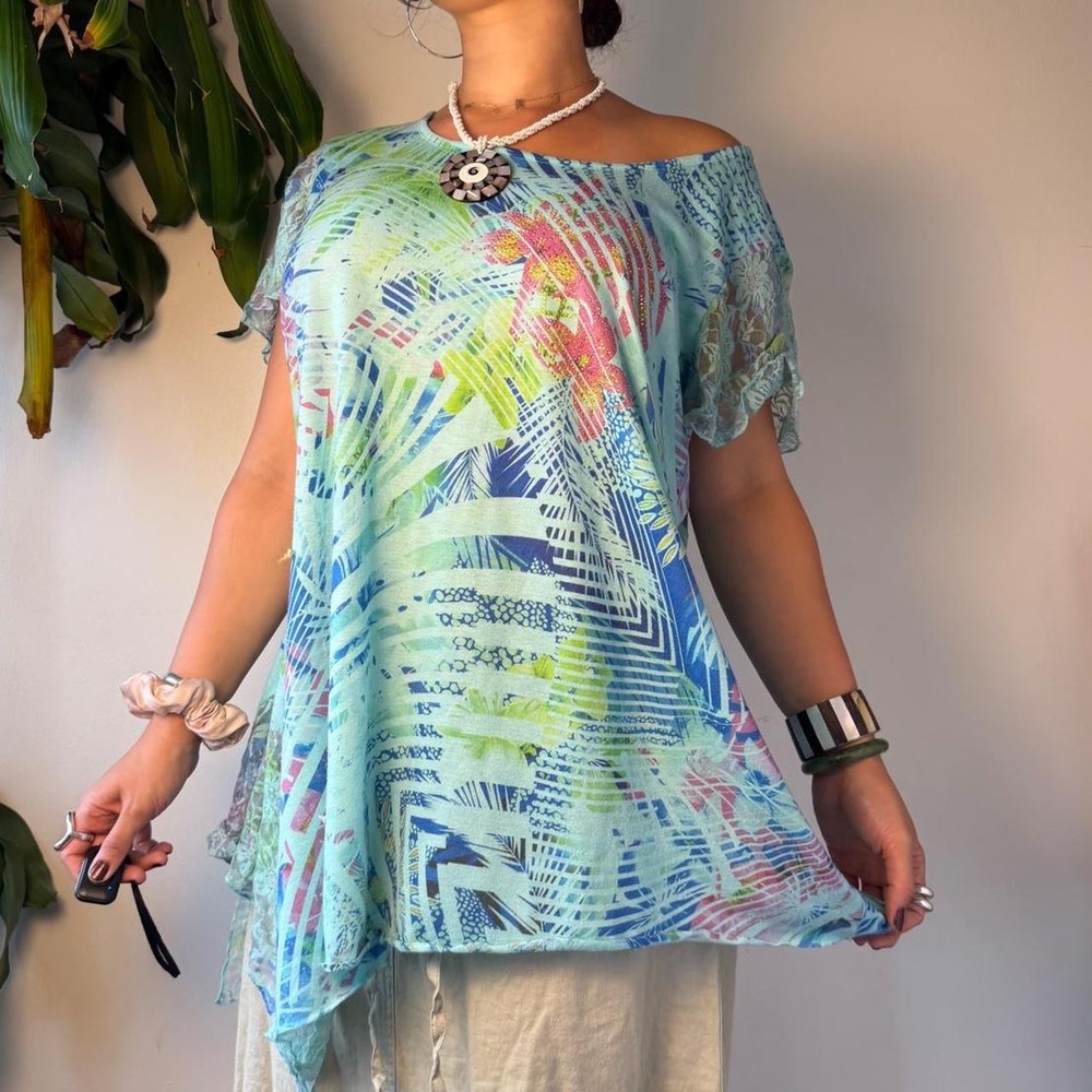 Avenue Plus Size 3XL 22/24 Teal Lace Asymmetrical Flutter Sleeve Fairycore Top